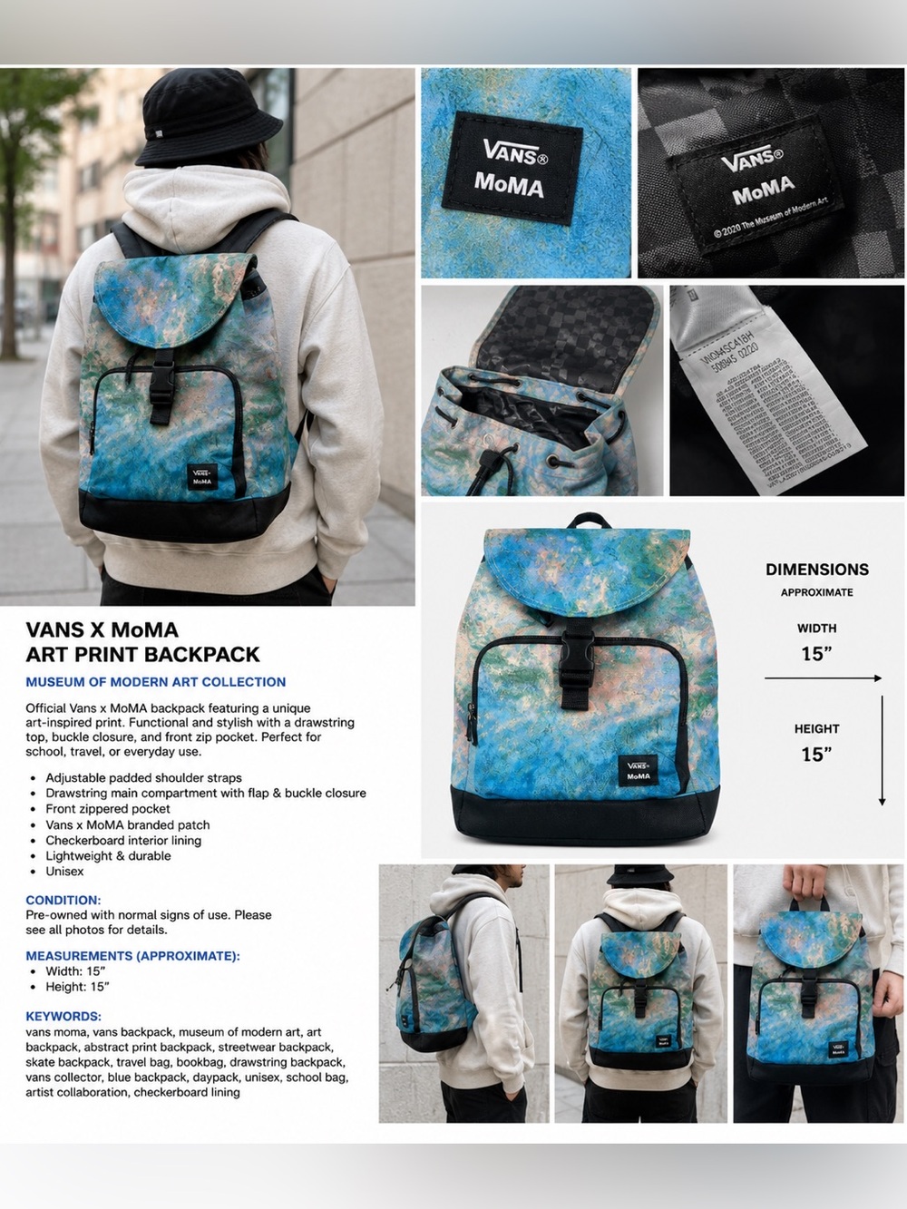 Vans x MoMA Art Print Backpack Blue Abstract Museum of Modern Art 15" Bag